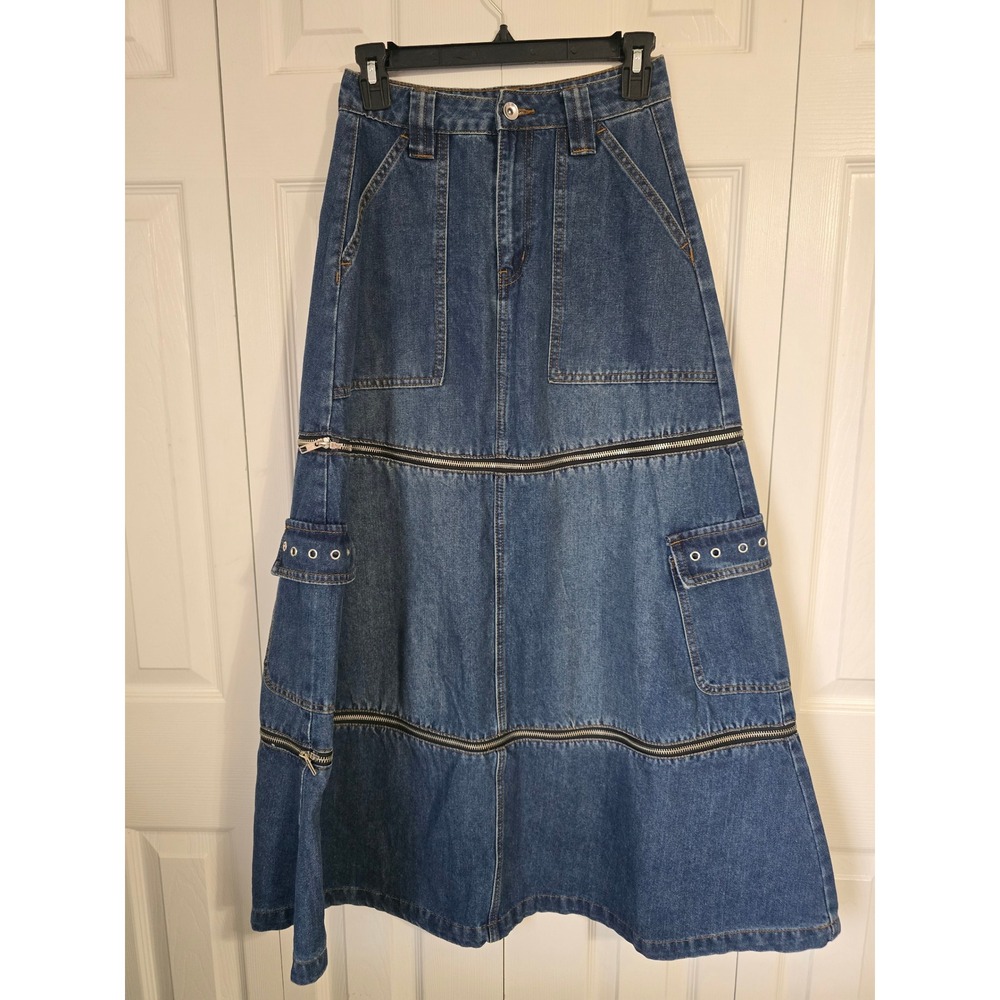 Social Collision Blue Denim Convertible Zipper Tiered Maxi Cargo Skirt XS